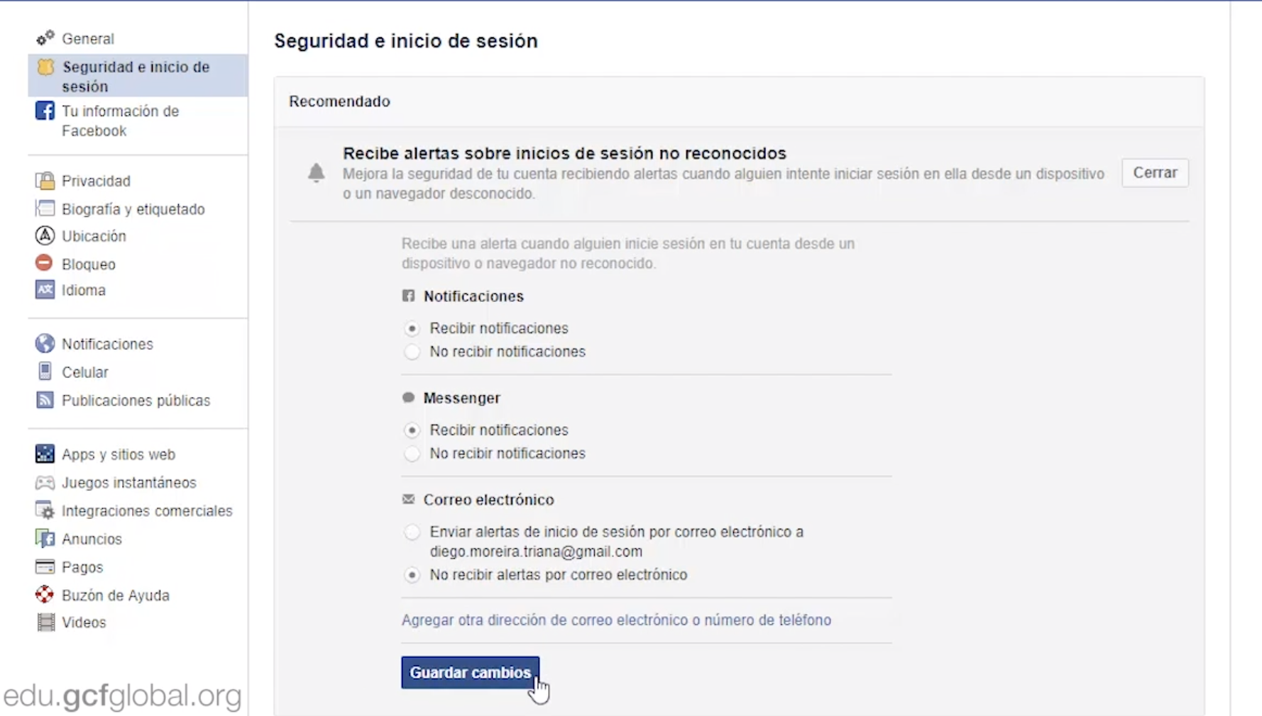 En seguridad e inicio de sesión puedes configurar alertas de tu cuenta de Facebook.